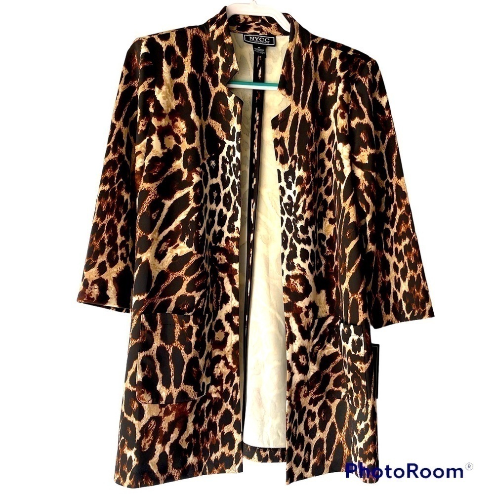 NYCC Women's' Long Leopard Animal Print Blazer Jacket Cardigan Open Front, Sz M